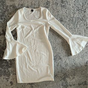 White Ribbed Trumpet/Bell Sleeve Dress